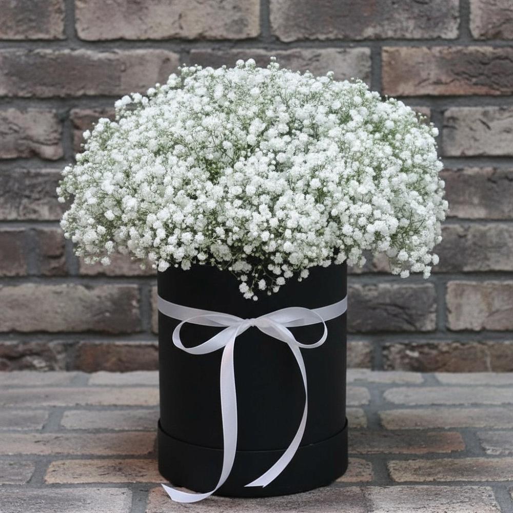 Цветочная композиция из Гипсофила в шляпной коробке в Изоплите