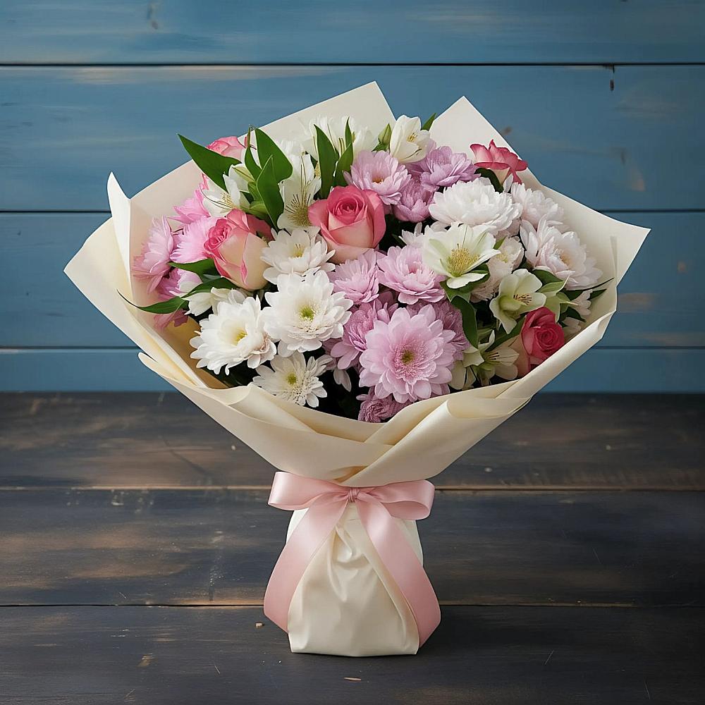 Букет цветов из: Хризантемы, Альстромерии и Розы в Изоплите